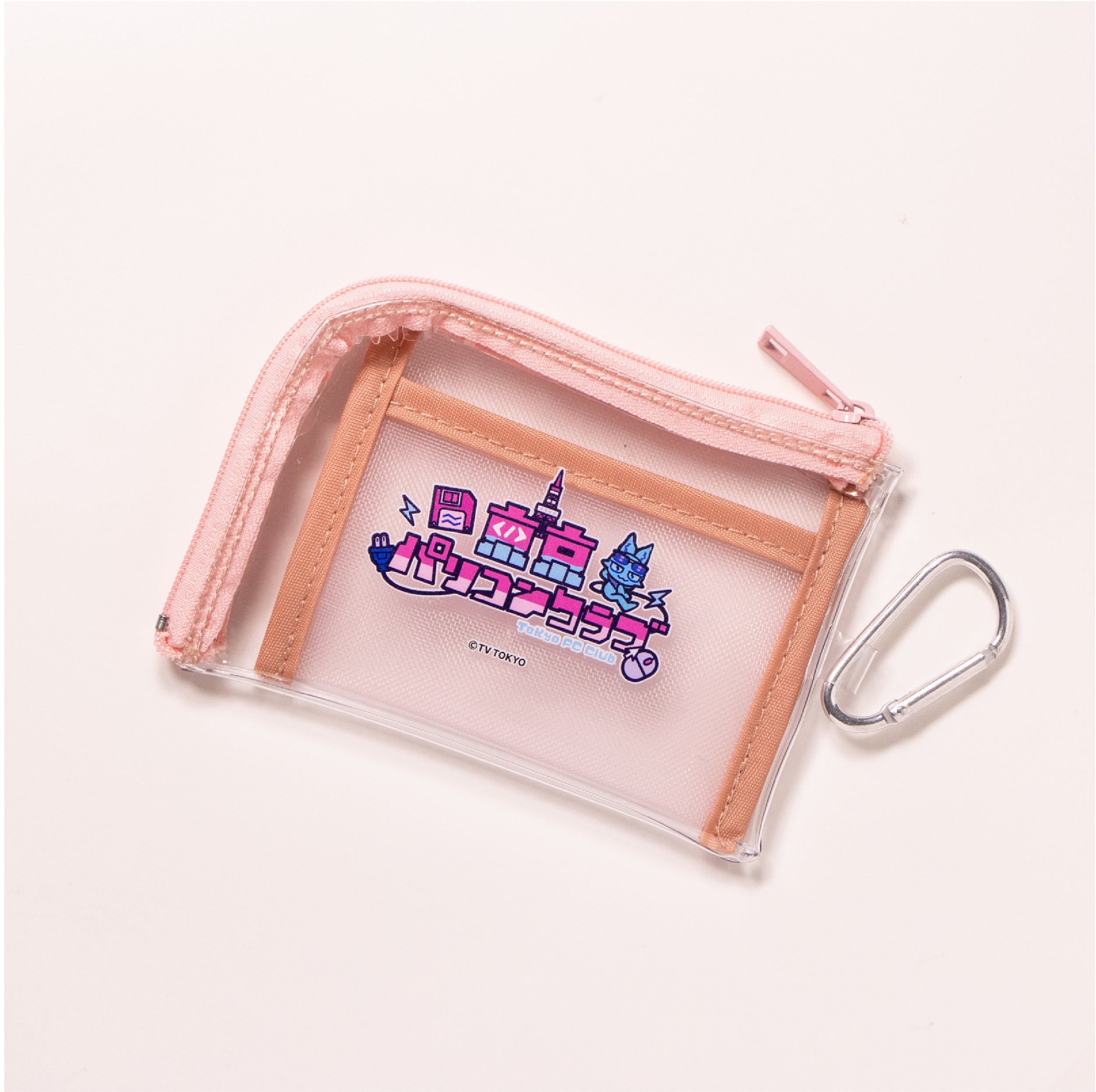 メッシュポケットクリアポーチ （カラビナ付き） ブルー／ピンク